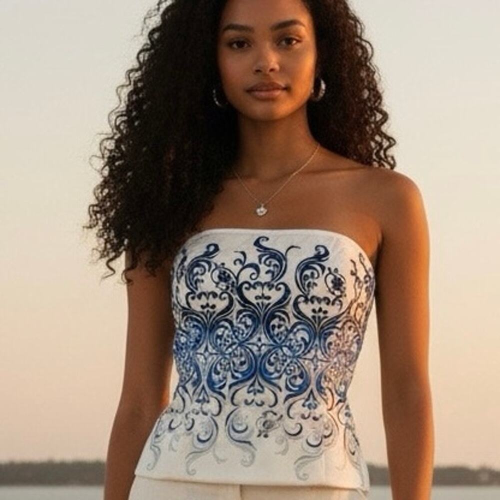 White House Black Market strapless bustier top blue/black embroidery size 6 NWT